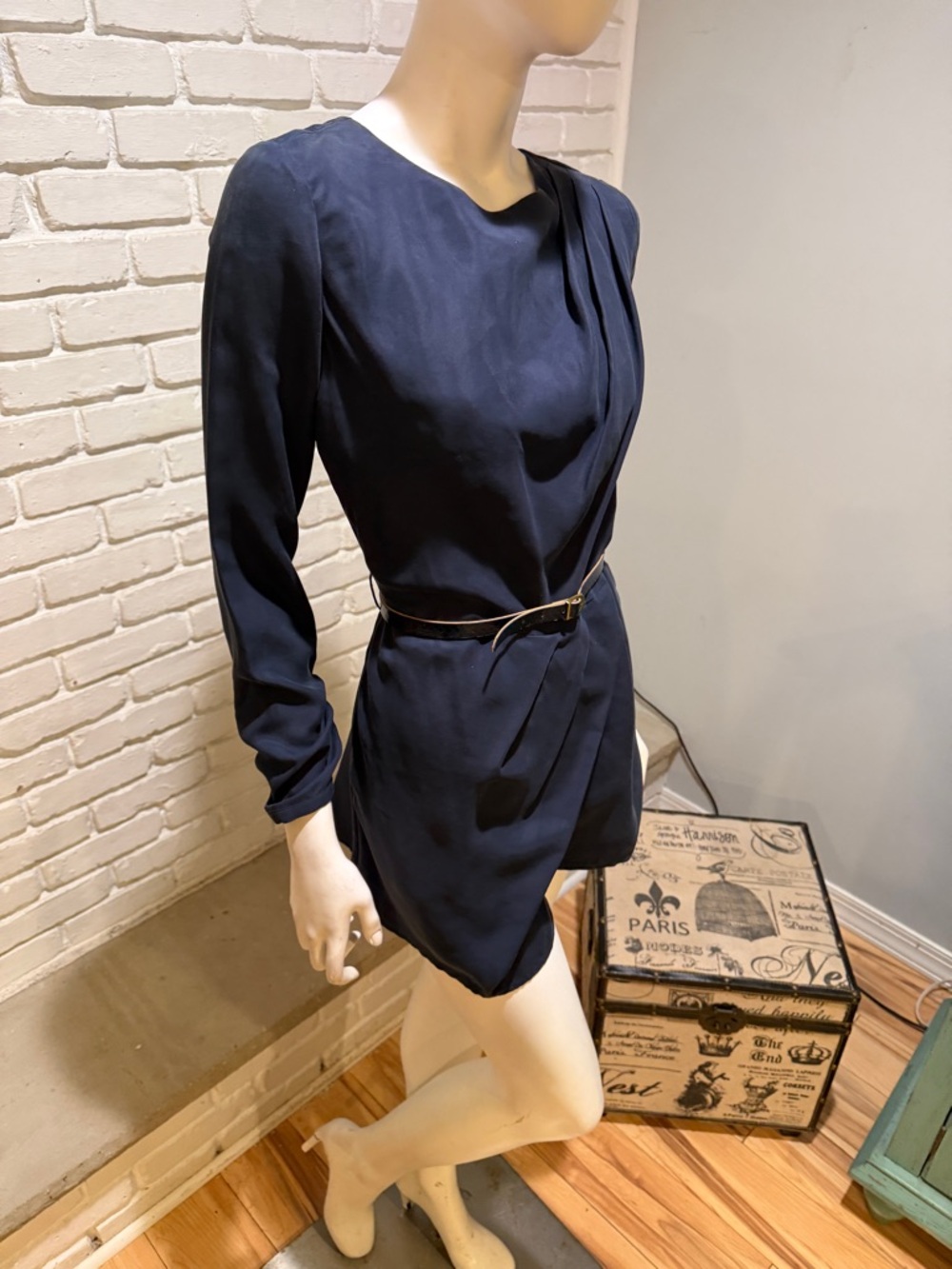 Dolce Vita 100% Silk Navy Shorts Romper Dress Belted Draped Mini NWT LONG SLEEVE - Picture 6 of 13